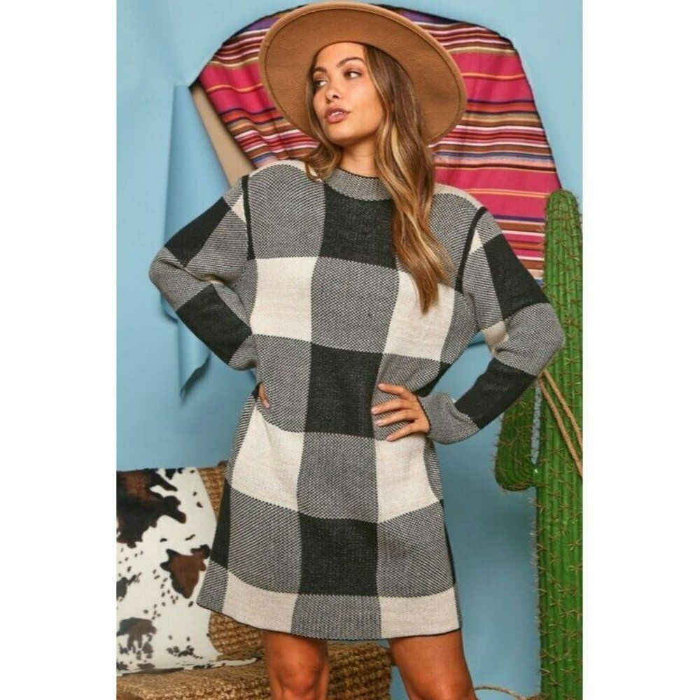 SALE Fantastic Fawn Buffalo Plaid Black Cream Checker Sweater Dress IFKD23564-01 - Picture 8 of 8